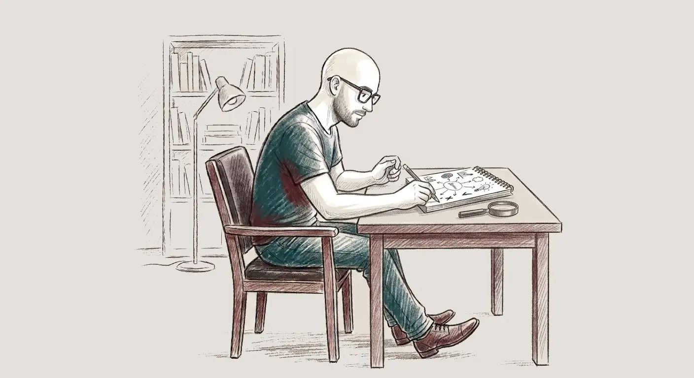 A consultant working methodically through a notebook of marketing diagrams at a desk, magnifying glass nearby.
