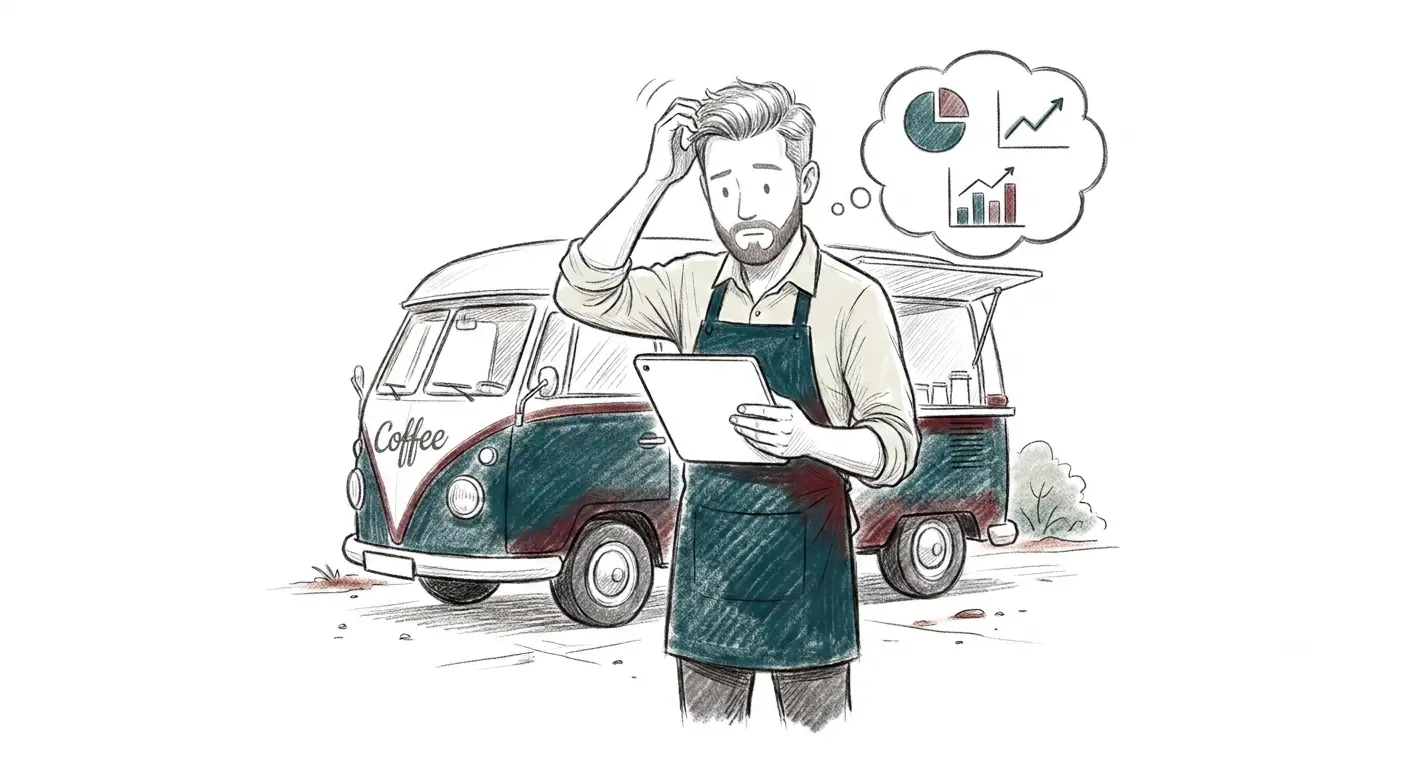 A small business owner in an apron standing in front of his coffee van, looking puzzled at a tablet, with marketing charts floating in his thoughts.