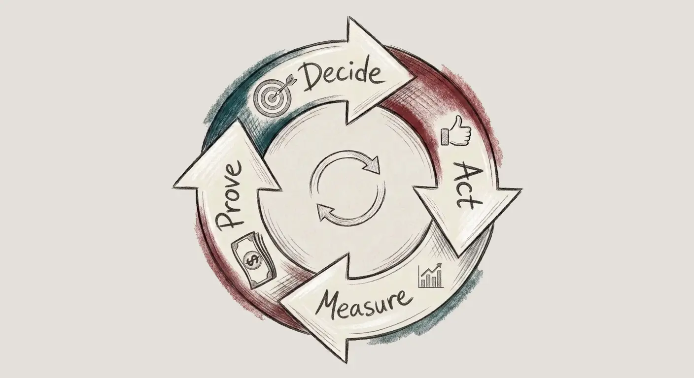 A circular diagram showing the four steps of the Proof Loop: Decide, Act, Measure, Prove — arranged as a repeating cycle.