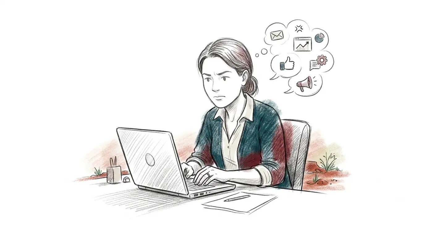 A business owner at her laptop, looking frustrated as she thinks through a cluster of marketing tools — email, social, analytics, and more.